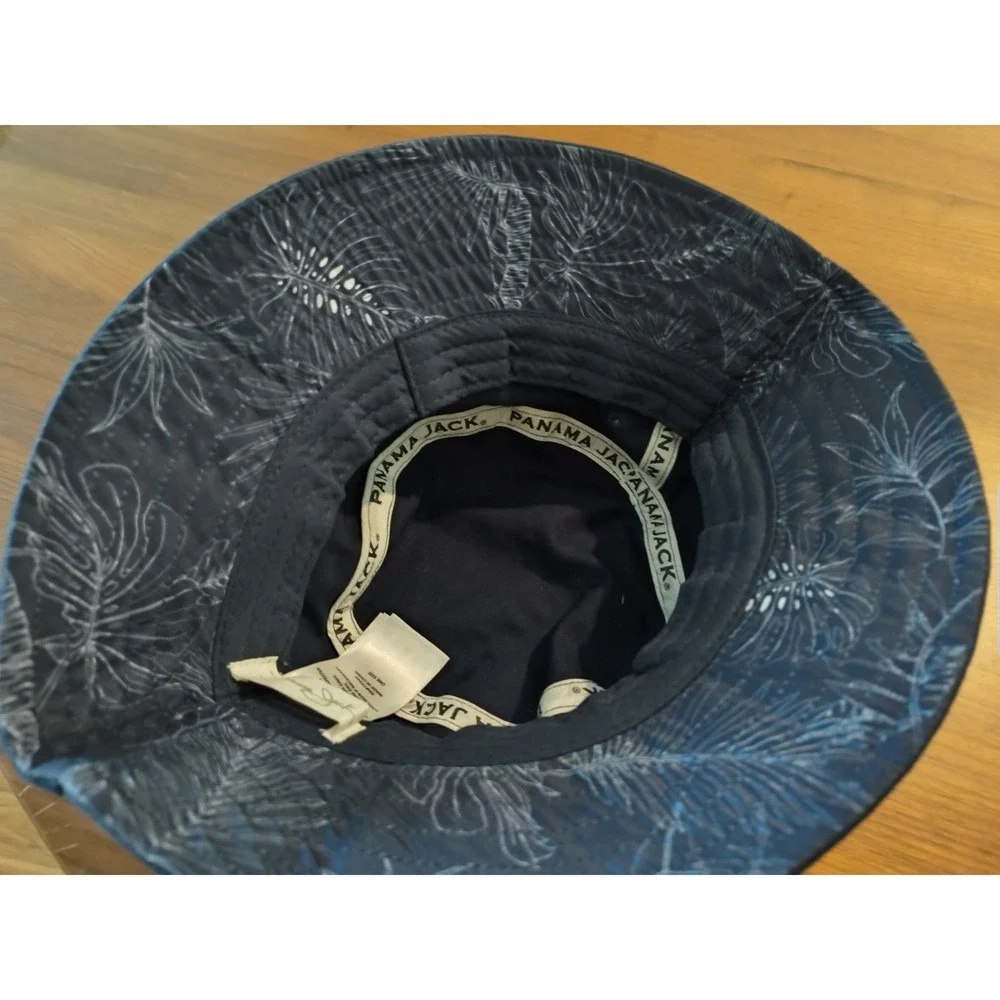 Panama Jack Navy Blue Bucket Hat Cotton Tropical Palm Print Brim Sun Hat OSFM